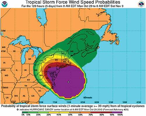 Figure 3. Tropical storm Sandy wind speed probabilities (Fairfax Office of Emergency Management, Citation2012).