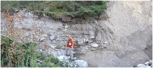 Figure 3. Example of debris flow deposit interbedded in debris flood deposits at Indian Flats Creek, Canmore, Alberta. Photo by Matthias Jakob.