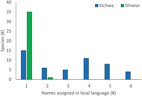 Figure 2. Distribution of snakes species related to the names assigend by Kichwa and Shiwiar languages. Bothrops bilineata (Viperidae) is represented in background, taken by H. Mauricio Ortega-Andrade.