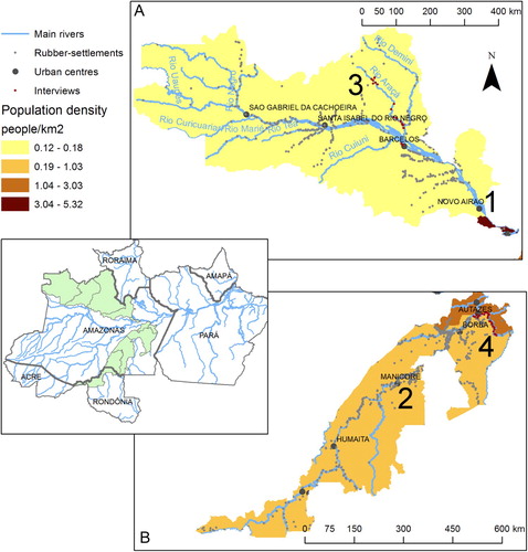 Figure 1. Four research locations and distribution of historical rubber production sites (colocações) in Amazonas State, Brazil. (note: data on rubber production sites from www.sipam.gov.br). A, The black-water River Negro watershed; B, part of the white-water River Madeira watershed. No. 1 indicates the lower Negro research area, No. 2 indicates the middle Madeira research area, No. 3 indicates the Aracá research area and No. 4 indicates the Abacaxi research area. Dots along the Aracá and Abacaxi sub-tributaries mark the approximate locations of families interviewed in the quantitative surveys by LP.