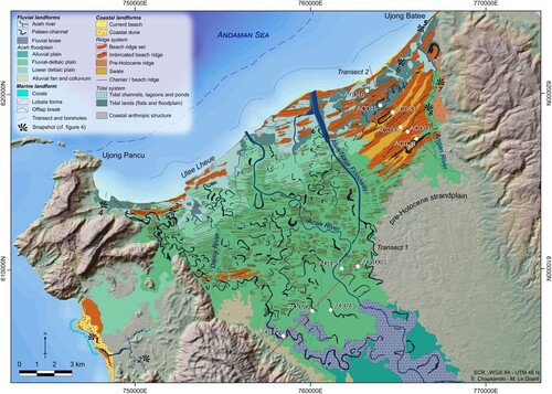Figure 3. Simplified version of the geomorphological map of the Aceh River delta. Field observations and snapshot orientation are displayed (Figure 4). Borehole locations and associated topographic cross-sections (T1: SW – NE and T2: SE – NW) are shown (Figure 5).
