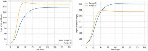 Figure 11. Competitive growth curves of two fungi at different ambient humidity.