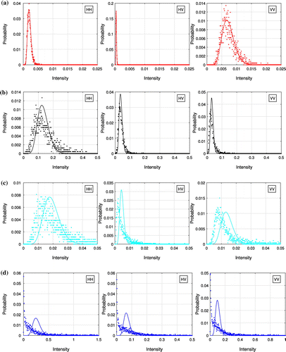 Figure 7. Histograms of the intensities from the second test site. (a) ROI 1. (b) ROI 2. (c) ROI 3. (d) ROI 4.