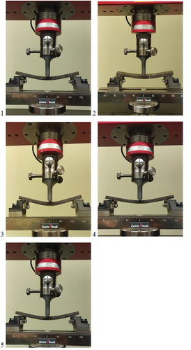 Figure 9. Photographs of the composites during flexural test. 1- laminate, 2- 1%NH2 laminate, 3- 2%NH2 laminate, 4- 1%Cl laminate, 5- 2%Cl laminate.