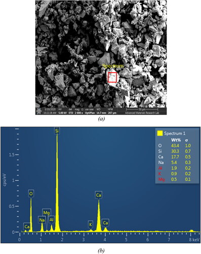 Figure 2. Morphology of PWG used in the experimental program: (a) SEM image; (b) EDX plot at the location shown.