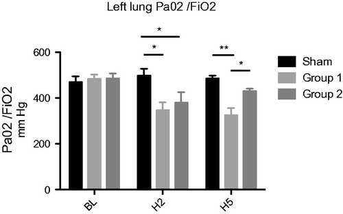 Figure 4. Left lung haematosis: PaO2/FiO2 ratio (mmHg) *p < .05; **p < .01; ***p < .001.