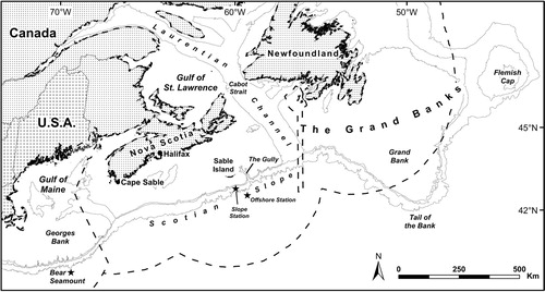 Figure 1. Map of part of the north-west Atlantic, showing the location of The Gully and other places named in the text. The Offshore and Slope Stations are marked by stars. (Contours shown at 200 and 2000 m depths; Scale bar in kilometres.)
