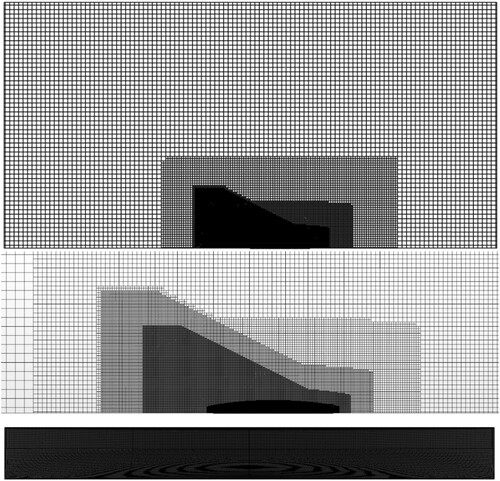 Figure 4. Computational mesh used to perform numerical simulations. Top: View of the entire domain; middle: close-up around the hull; bottom: surface mesh on the hull. Total cell number ≈ 5.3 million.