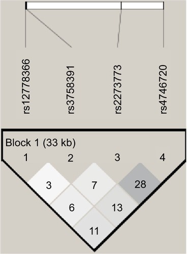 Figure 1 Linkage disequilibrium (r2) plot of the silent information regulator 1 and single-nucleotide polymorphisms genotyped in this study; figures within the squares are the r2 values expressed as a percentage.