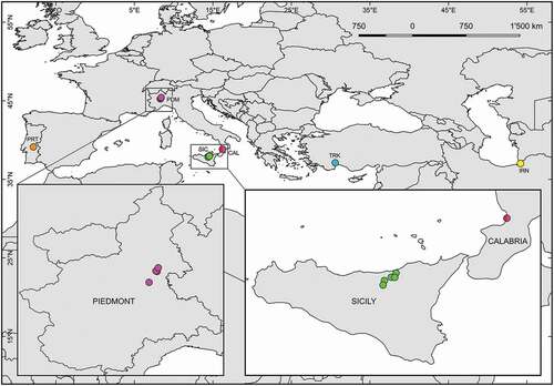 Figure 1. Geographic location of the sampled sites. See Table I for their coordinates and information on the collected Placobdella costata specimens and their hosts. Codes refer to those listed in Table I. The geographic coordinates of the Portuguese and Iranian sites are unknown; accordingly, orange and yellow dots show their approximate locations