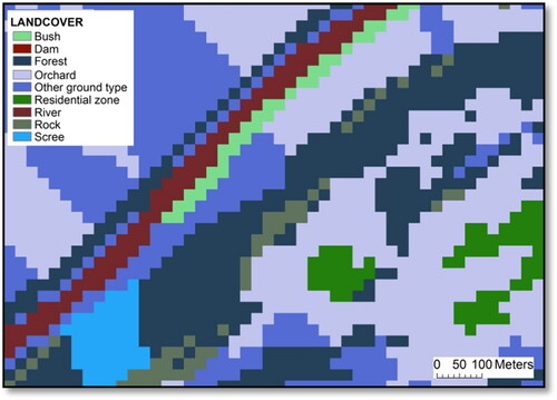 Figure 3. A map displaying the raster data structure of a landcover layer which was converted from vector format. The legend denotes the landcover properties which are displayed. Reproduced with permission of Swisstopo (BA13016).