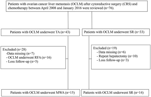 Figure 1. Flow diagram shows exclusion criteria in patients with ovarian cancer liver metastasis (OCLM).