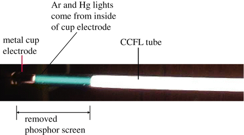 Figure 3. Photograph showing that the lighted Ar and Hg gas atoms come from inside the metal cup electrode of the CCFL tube.