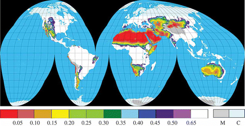 Figure 3. Geographical distribution of mean annual aridity index AI for 1961–1990 (CRU). M, mountainous areas higher than 3 km; C, cool and cold areas located further north/south than 55°N/55°S in latitude.