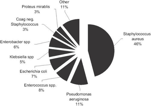 Figure 1 Prevalence of causative pathogens in complicated skin infections.Reference: CitationRennie et al. 2003.