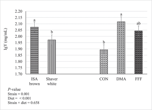 Figure 2. Effects of feeding sources of docosahexaenoic and α-linolenic acids (± standard error) to ISA Brown and Shaver White breeders on IgY content (mg/mL) in egg yolks. Ten eggs per treatment. CON: Control; DMA: Microalgae (Aurantiochytrium limacinum) fermentation product, as a source of docosahexaenoic acid; FFF: Co-extruded full-fat flaxseed and pulse mixture (1:1 wt/wt), as a source of α-linolenic acid. Bars with different letters are significantly different from each other (P < 0.05)