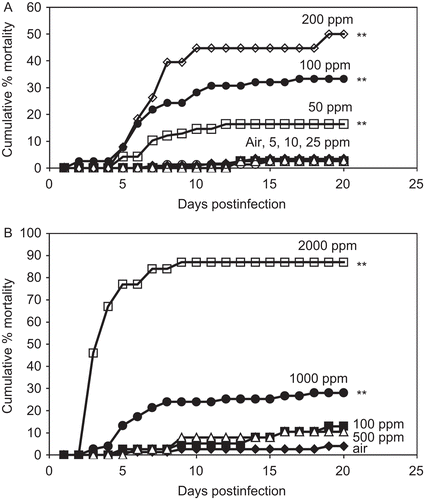 Figure 1.  Cumulative mortality following exposure to the test atmospheres. Cumulative mortality following exposure to (A) trichloroethylene (TCE) or (B) chloroform. Mice were exposed for 3 h to the indicated concentrations of TCE or chloroform and then challenged by aerosol with S. zooepidemicus. Data represent a composite of three TCE experiments and two chloroform experiments with a minimum of 38 mice per exposure group. **Value significantly different from air at P ≤ 0.01.