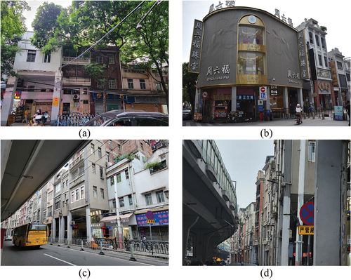 Figure 15. Examples of complicated scene in qilou classification tasks. (a) features are hidden behind woods and electric lines, (b) façades are inundated with advertisements, (c) the bridge is in close proximity to the façades, (d) a shot for recording qilou upper sections.