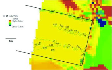 Figure 12. Contours extracted from the 2012–2010 difference grid, considering the tunnel main geometries as breaklines (in black), with a sampling interval of 5 cm; the contours corresponding to railway tracks are comprised from 0 to 10 cm. The yellow colour in the grid corresponds to difference values around zero.