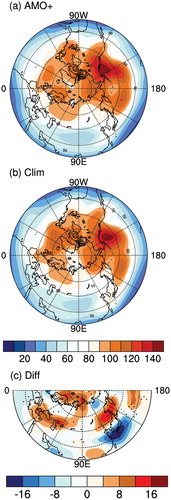 Figure 3. Comparison of standard deviation of winter 10–90-day filtered 200-hPa geopotential heights in different sets of AGCM experiments. (a) is from the ‘AMO+ SSTA’ experiment; (b) is from the control experiment; (c) is the difference of (a) minus (b).