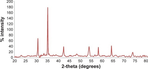 Figure 4 XRD pattern of SPIONs.Abbreviations: SPION, superparamagnetic iron oxide nanoparticle; XRD, X-ray diffraction.