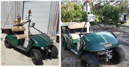 Figure 1. (a and b). Developed by Dr. Arnold Schumann (University of Florida), the cart was retrofitted to make it semiautonomous, meaning it can be driven remotely. It has no steering wheel but does carry computers, and rear- and front-facing cameras for guidance and navigation. A driver sits indoors while the robot works in the field. It uses remote steering where a driver sits indoors behind some computer screens with a steering apparatus, remotely, and can drive it. This is also a drone.Photo credit: Arnold Schumann