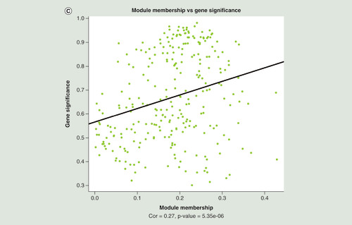 Figure 1.  DNA methylation in peripheral blood mononuclear cells is associated with cognitive and neuroimaging measures. (A) Manhattan plot of differentially methylated regions (DMRs) associated with Montreal Cognitive Assessment. Red dots indicate the chromosomal location of individual probes within each DMR. The UCSC gene symbols corresponding to DMRs with more than three probes after Sidak correction for multiple testing are assigned to the chromosomal locations. (B) Heatmap of module–trait correlations for the remaining 24 modules, after excluding modules with significant association with the covariates of cell composition, batch, age, gender, smoking and IQ. Shown are the correlations of Montreal Cognitive Assessment, total brain volume, left hippocampal volume, right hippocampal volume, cerebrospinal fluid volume, white matter volume, gray matter volume, fractional anisotropy, mean diffusivity and white matter hyperintensities with each module. For each module–trait pair the upper value is the Pearson correlation coefficient, while the lower (bracketed) value is the correlation p-value. The cell color represents the strength and direction of the correlation. Modules are assigned an arbitrary color by the analysis software according to their size. (C) The correlation between module membership and gene significance for each probe in the ‘yellowgreen’ module.CSF: Cerebrospinal fluid volume; FA: Fractional anisotropy; GM: Grey matter volume; LHV: Left hippocampal volume; MD: Mean diffusivity; ME: Module eigengene; MoCA: Montreal Cognitive Assessment; RHV: Right hippocampal volume; WM: White matter volume.