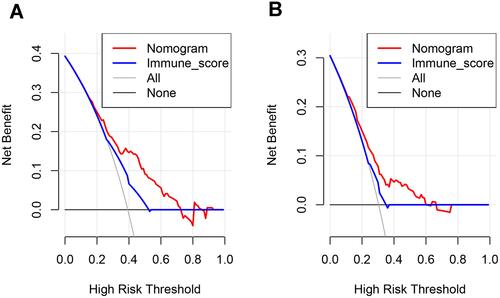 Figure 8 Decision curve analysis of the training set group (A) and the validation set group (B).