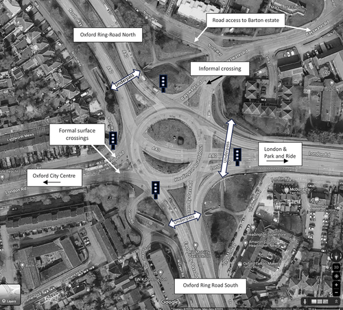 Figure 2. Configuration of the A40 “hamburger” roundabout. (map data: Google earth, image © 2023 Maxar Technologies, image © 2023 Airbus).