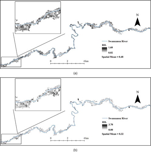 Figure 8. Uncertainty map of the time-variant flood characteristics: (a) mean depth and (b) mean velocity. RIL: Relative interval length.