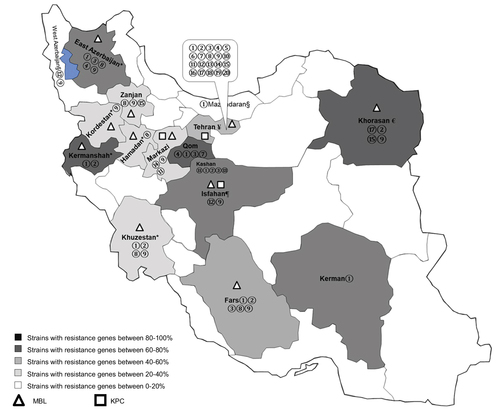 Figure 4 Carbapenem-resistant rates in different areas of Iran (according to the phenotypic and genotypic methods).