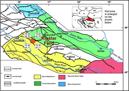 Figure 1. Geographical and regional geological schematic map of Kloštar Field (modified from CitationVelić, Citation2007).