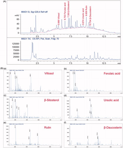 Figure 9. LC-MS analysis of bioactive compounds in the SO extracts. (A) LC-UV chromatogram monitored at 220 nm and LC-MS positive-ion ESI-MS total ion current (TIC) profile. (B) (a) Villosol at RT 5.689; (b) Ferulaic acid at RT 5.753; (c) β-Sitosterol at RT 7.355; (d) Ursolic acid at RT 9.674; (e) Rutin at RT 9.859; (f) β-Daucosterin at RT 10.704.