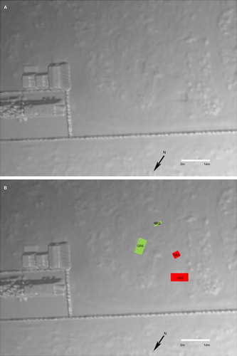 Figure 19. The 3D model following the LiDAR survey in May 2017 (11 months following interment) from which four graves could be identified (A); annotated (B).