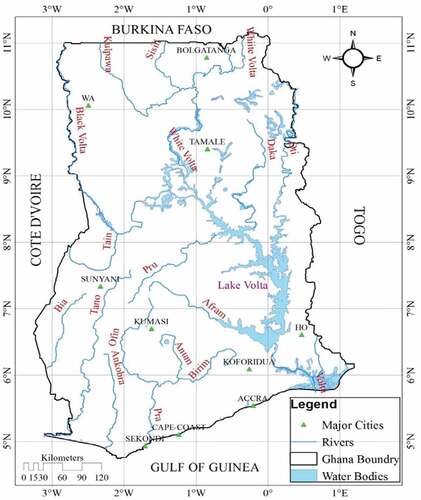 Figure 3. Map of Ghana showing major rivers and water bodies in Ghana