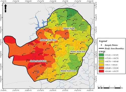 Figure 6. Spatial Variation of GWQI across study area.