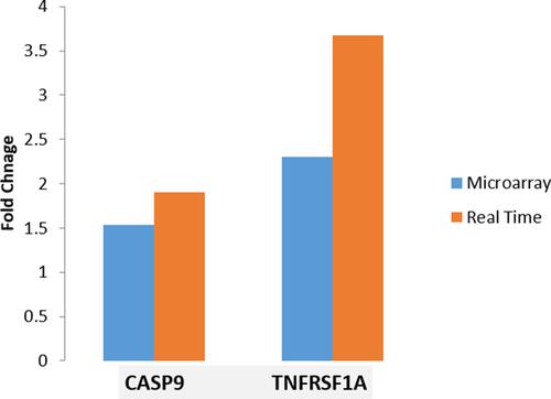 Figure 7 Fold changes in microarray and real time RT-PCR experiment. Microarray data (shown in blue) were validated (p< 0.01) by estimating transcript copy numbers by performing real time RT-PCR (shown in Orange) of two (2) candidate genes selected on the basis of post-hoc enrichment analysis using different sets of five (5) samples from four subgroups (COPD-S, COPD-ExS, CNS and CS) as explained in the Methods section.