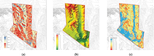 Figure 4. GIS analysis: (a) aspect; (b) altitude; (c) slope.