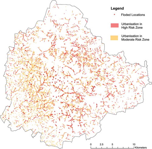 Figure 6. Map showing flood-affected points with urban developments in floodplains.