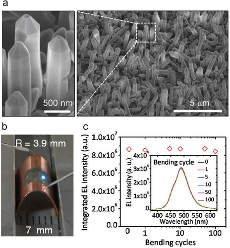 Figure 8. Nanorod LEDs fabricated in 2D for flexible optoelectronics. (a) High (left) and Low (right) magnification SEM images of coaxial GaN nano-LEDs fabricated on CVD graphene films. (b) Light emission image at a bending radius of 3.9 mm. (c) Integrated EL intensity and EL spectra (inset) at various bending cycles. Reprinted from [Lee et al., Adv. Mater. 23, 40 (2011)] with the permission of John Wiley and Sons.