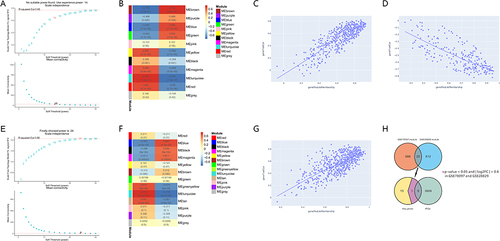Figure 3 Identify key immune-related genes associated with psoriasis and atherosclerosis. (A and E) Soft threshold power map of GSE78097 and GSE28829. (B and F) Weighted gene co-expression network modules of GSE78097 and GSE28829. Each row represents one module. Each column represents one trait attribute. Each cell contains the correlation coefficients corresponding to the cell color. (C and D) Scatter plot of correlations between the significance of turquoise and brown module genes and module members in GSE78097. (G) Scatter plot of correlations between the significance of turquoise module genes and module members in GSE28829. (H) The overlapped immune-related genes and most significant module genes in GSE78097 and GSE28829 with p-values < 0.05 and | log2FC | > 0.6.