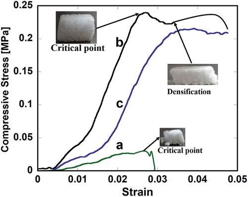 Figure 5. Typical fracture mechanisms of pure Hap (a), HAp-COL (b), and HAp-COL/HAp scaffolds (c).