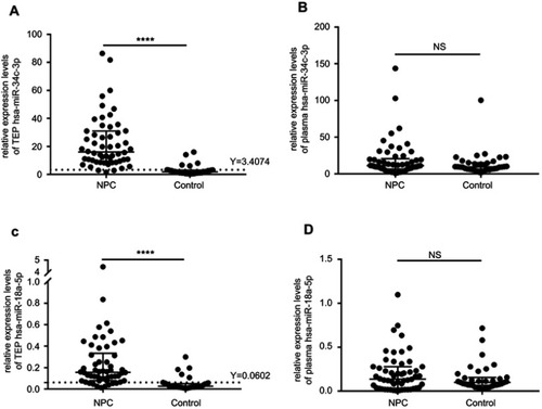 Figure 1 The relative expression levels of hsa-miR-34c-3p and hsa-miR-18a-5p in TEP and plasma from NPC patients and control subjects. (A) The TEP miR-34c-3p levels in NPC subjects were significantly higher than control subjects. (B) There was no significant difference of plasma miR-34c-3p levels between NPC and control groups. (C) The TEP miR-18a-5p levels in NPC subjects were significantly higher than control subjects. (D) There was no significant difference of plasma miR-18a-5p levels between NPC and control groups. Mann–Whitney U test was used for analysis. ****p<0.0001.Abbreviations: NS, no significance; Y, cutoff point.