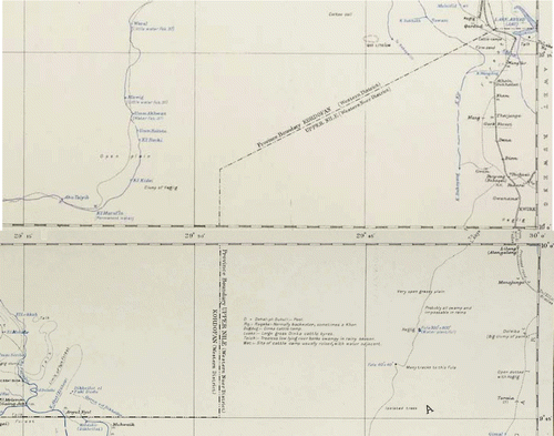 Figure 2.  Kordofan–Upper Nile Province 1931 boundary line (Sudan Survey 1:250,000 maps 65-H (May 1937) and 65-L (June 1936) from digital copies provided by the Bodleian Library, University of Oxford).