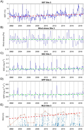 Figure 4. Time series of observed quantities at Site 3 (shown in Figure 1) with annual cycles removed. A, Sea surface temperature (SST); B, Wind stress magnitude; C, Sea surface chlorophyll (SSC); D, Net primary production (NPP); E, Mixed layer depth (MLD) derived from Argo profiles taken within 500 km of the site. Red circles indicate the deepest MLD in each year. Also shown are linear trends fit to the data (red dashed line if significant, green dashed line if not significant).