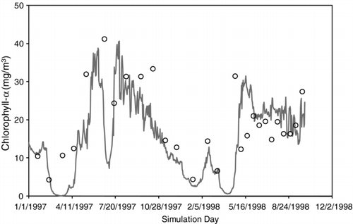 Figure 10 Comparison between observed (open circles) and simulated (solid line) chl-a (mg/m3) at 1 m for collections dates in 1997–1998 near the center of Waco Lake.