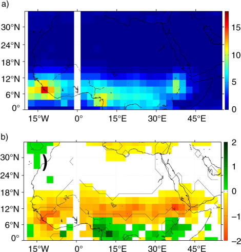 Fig. 5 (a) Composite mean JJAS precipitation during the southernmost latitude years of the WACZ (q25). (b) Difference in composite mean of GPCP precipitation. Differences are calculated by subtracting the seasonal summer mean (JJAS) of the northern most WACZ seasons (q75) from the seasonal summer mean (JJAS) of southern most WACZ seasons (q25). The difference represents the conditions of the WACZ latitude index for which dust load is maximised at Barbados. Units are mmday−1 from GPCP. All composites calculated over the period 1979–2003, black contour represent a significant difference at 10%.
