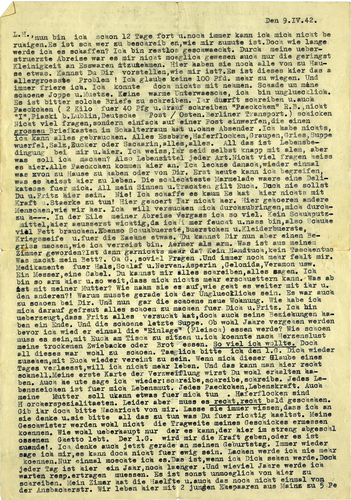 Figure 7. Arno Nadel Archive ARC. Ms. Var. 469 02 15 Series 02: Correspondence, Brief aus dem Ghetto Piaski bei Lublin, 9.4.1942 (2pages).