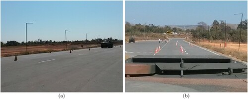 Figure 5. Vehicle during a lane change test. (a) External view of the vehicle. (b) Driver view (open hatch).