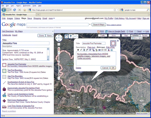 Figure 1.  Screen shot of one of the Web map sites created by amateurs during the Jesusita Fire of May 2009, showing information synthesized from a wide range of online sources, including Tweets, MODIS imagery, and news reports.